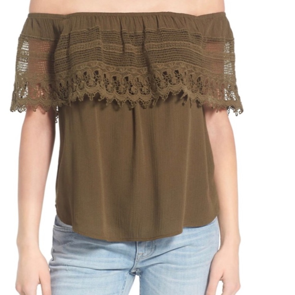 Crochet-trimmed off the shoulder Socialite top